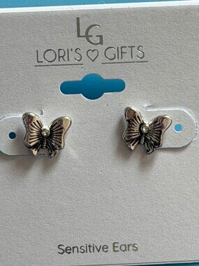 Lori's Gifts Silver Tone Butterfly Stud Earrings-Sensitive Ears-New